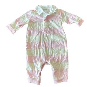 Ralph Lauren Baby Size 6 Months Rugby Striped One Piece Pink Cream Collar Logo